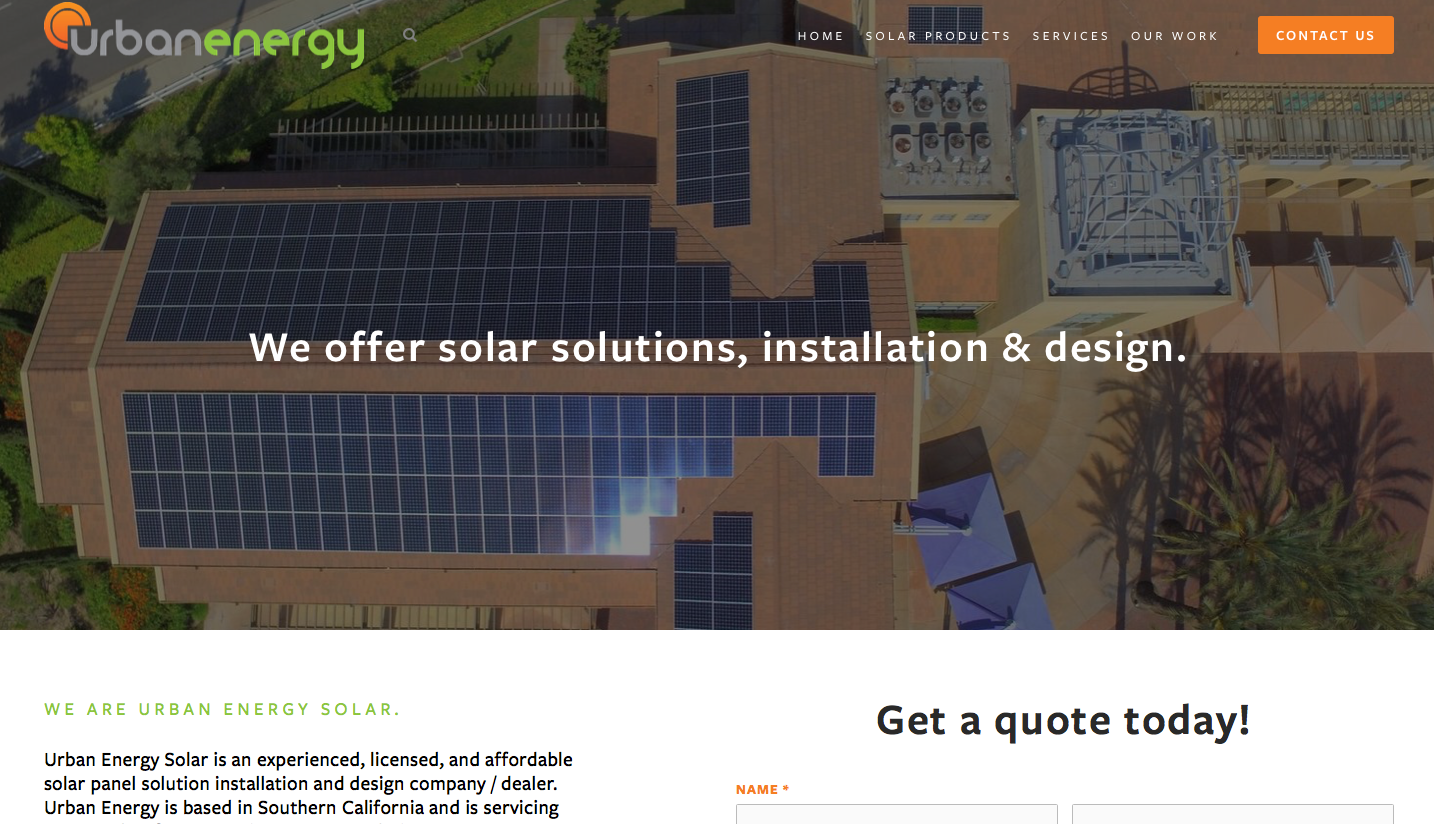 Solar company website homepage with rooftop solar panels and the text “We offer solar solutions, installation & design.”