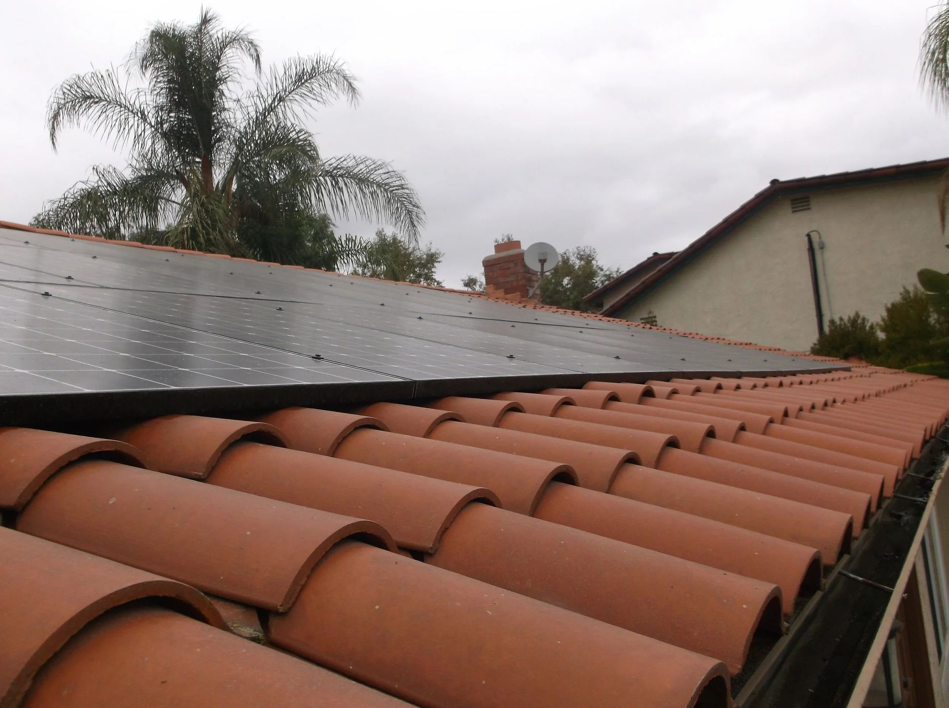 Terracotta roof tiles beside a dark gray metal roof under an overcast sky, with palm trees in the background