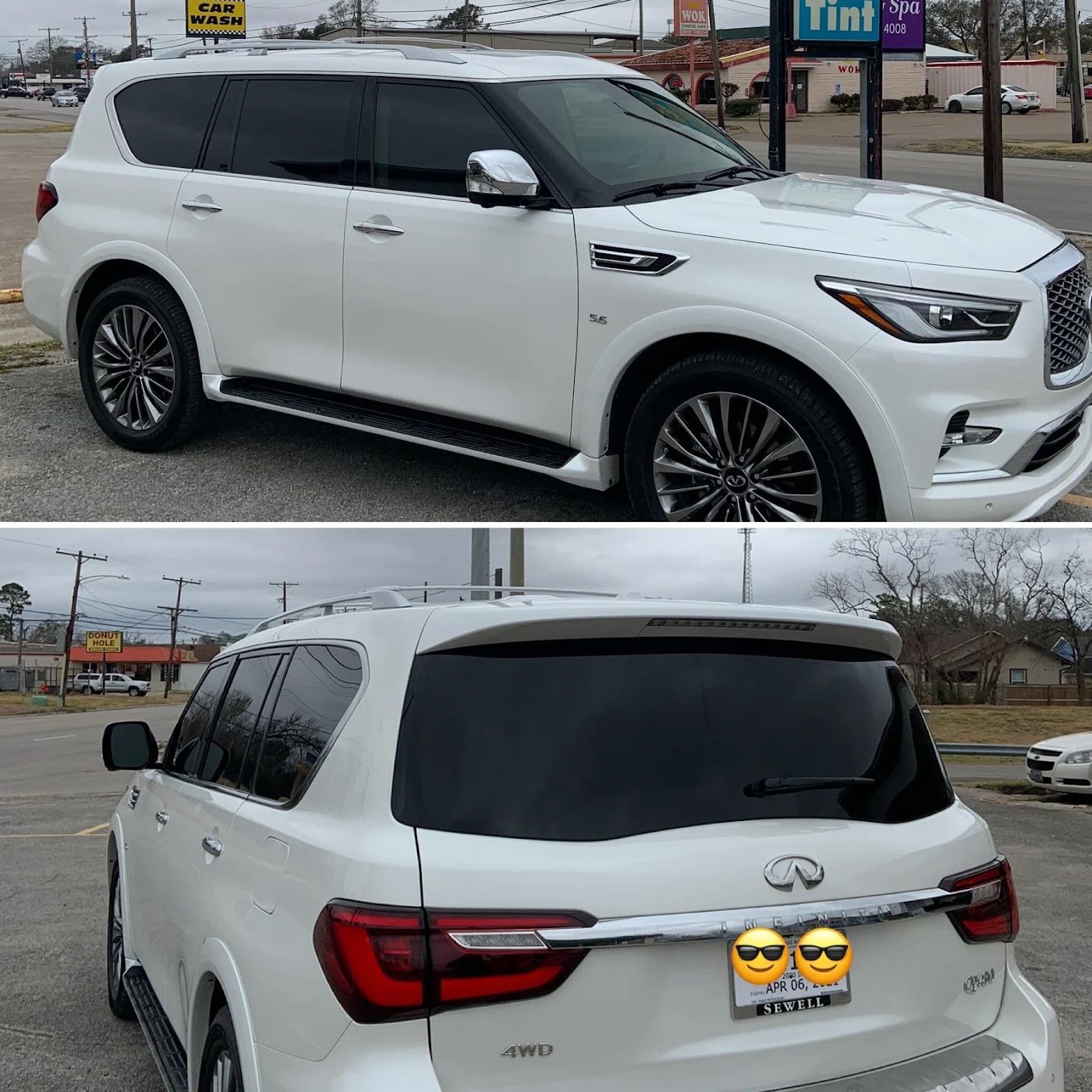Two pictures of a white suv parked in a parking lot
