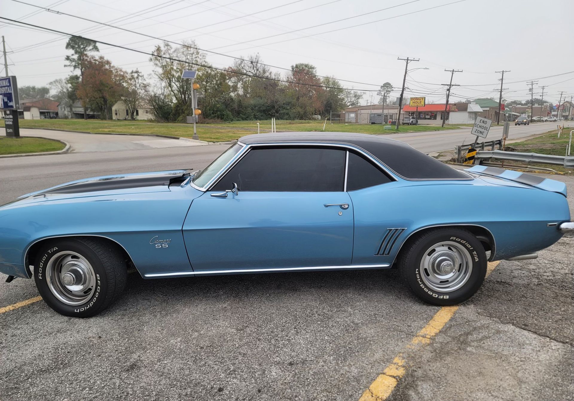 A blue car is parked on the side of the road