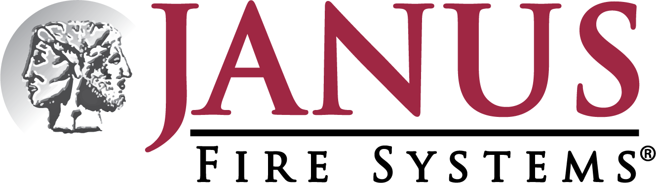 Janus Fire Systems logo with a two-faced figure and the company name in burgundy.