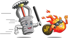 Fire sprinkler cartoon chasing a fire figure holding a money bag.