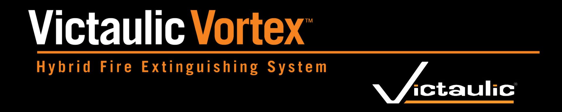 Victaulic Vortex logo on black background, with orange tagline Hybrid Fire Extinguishing System.