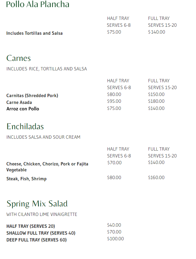 Menu - Pollo ala Plancha, Carnes, Enchiladas, Spring Mix Salad