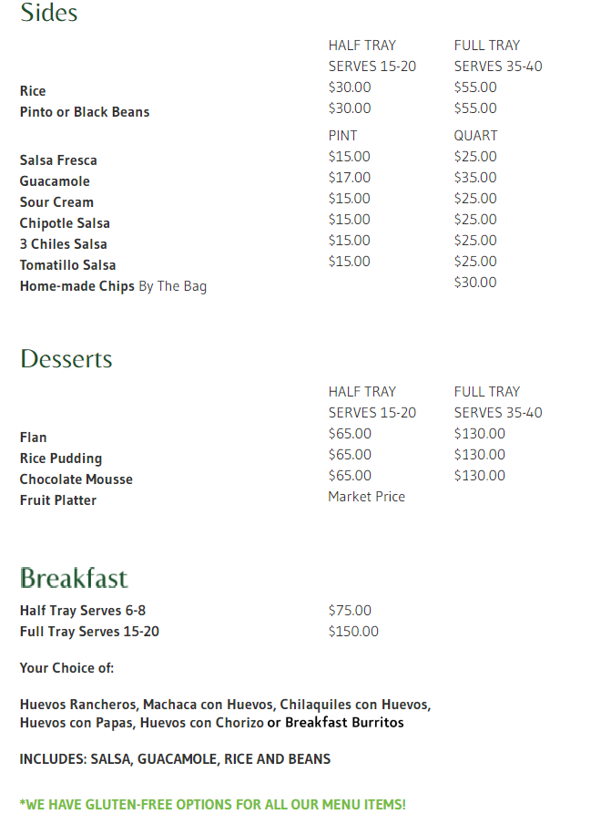 Catering Menu - Sides, Desserts, Breakfast