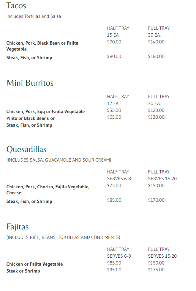 Catering Menu - Tacos, Mini Burritos, Quesadillas, Fajitas