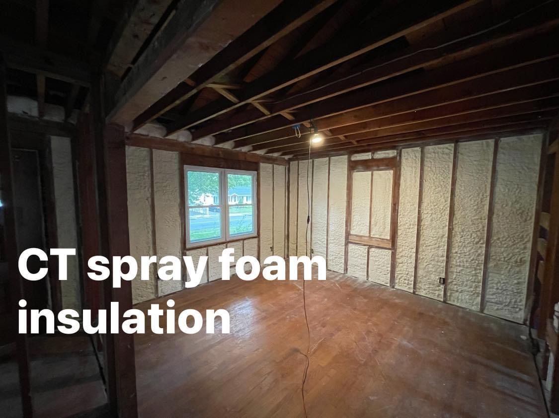 Interior room with spray foam insulation on walls and ceiling. Wooden beams, window visible.