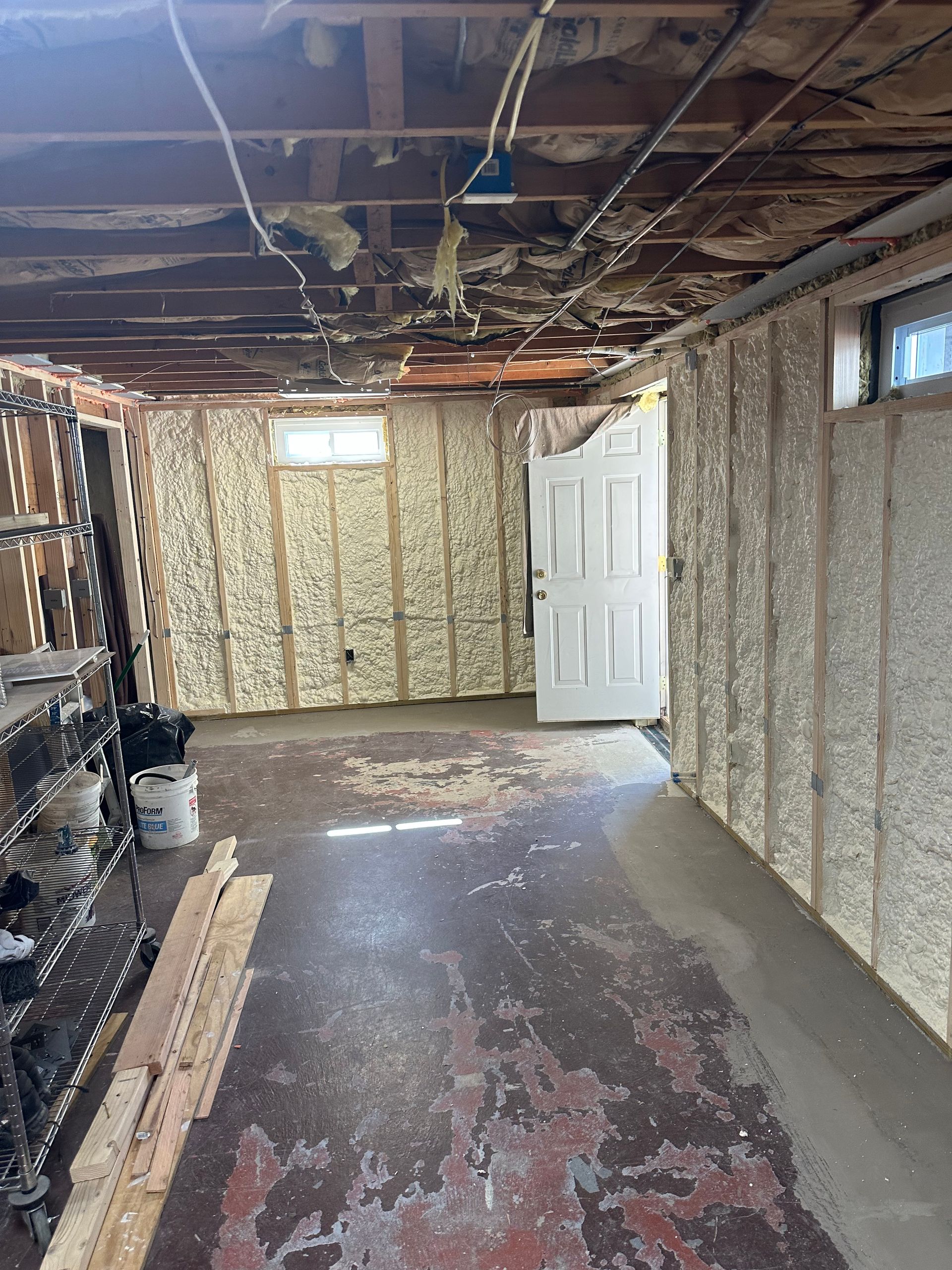 Basement undergoing renovation; exposed insulation, damaged ceiling, and peeling floor. A white door is visible.