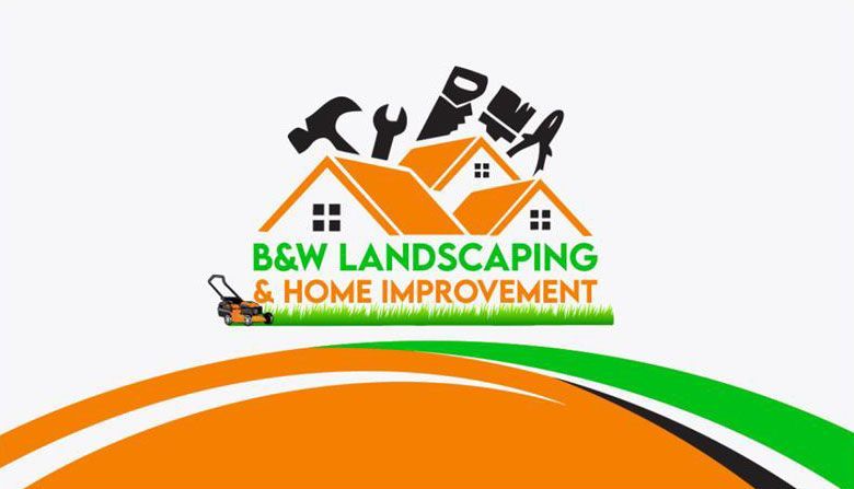 Logo for B&W Landscaping & Home Improvement. Orange and green with tools above houses, a lawnmower, and text.