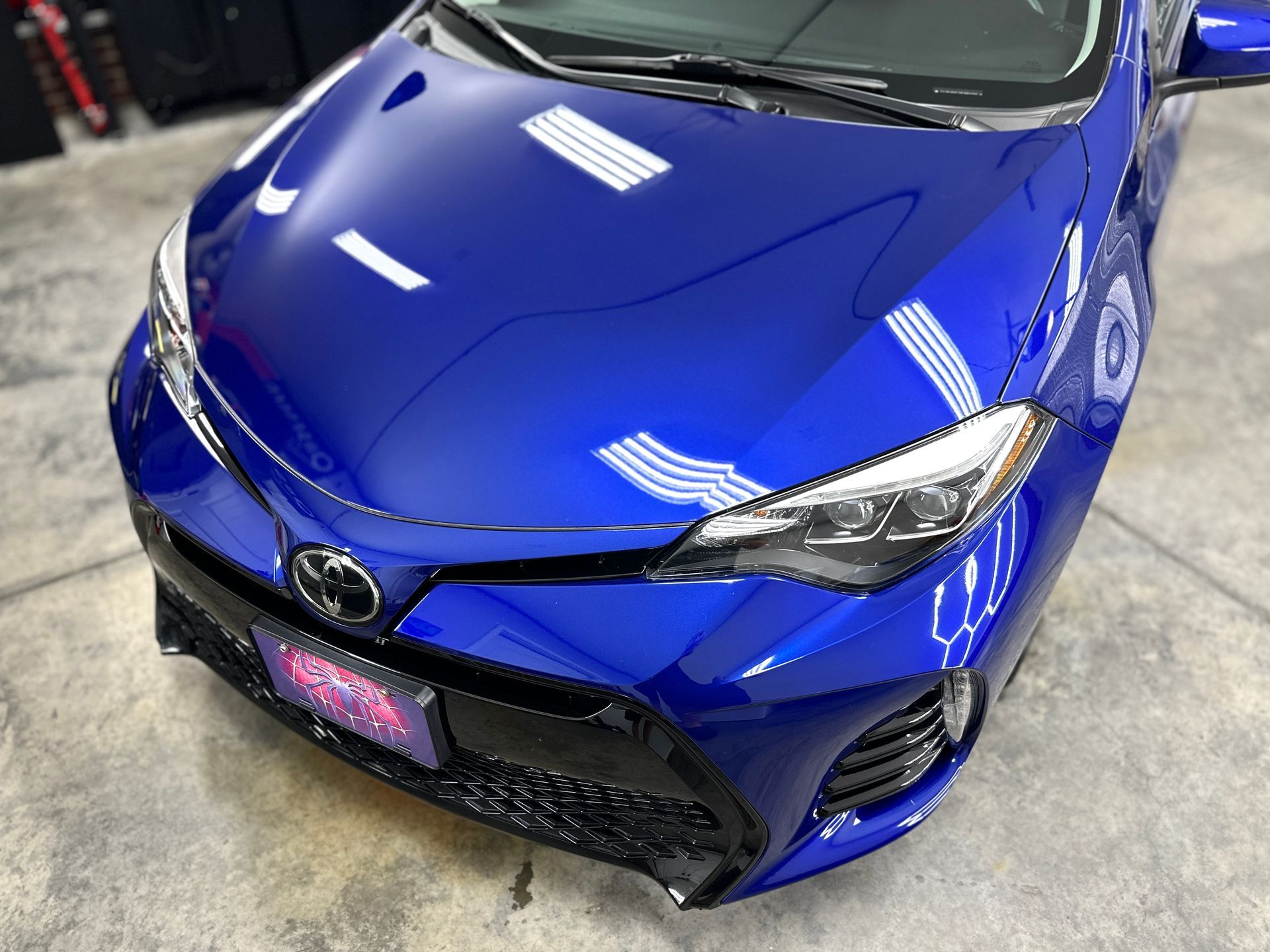 Blue Toyota Corolla, close-up, shiny paint finish, front view, in a showroom.
