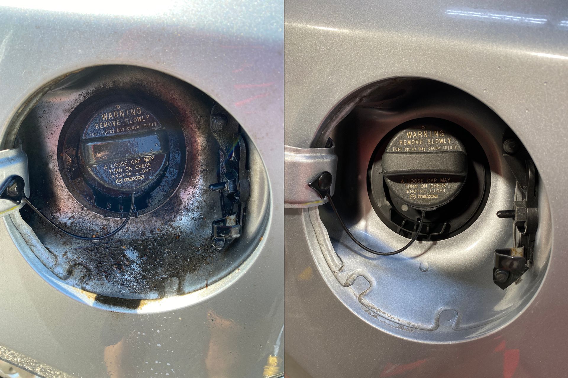 Fuel door before and after cleaning: black soot removed, revealing shiny, silver-gray metal.