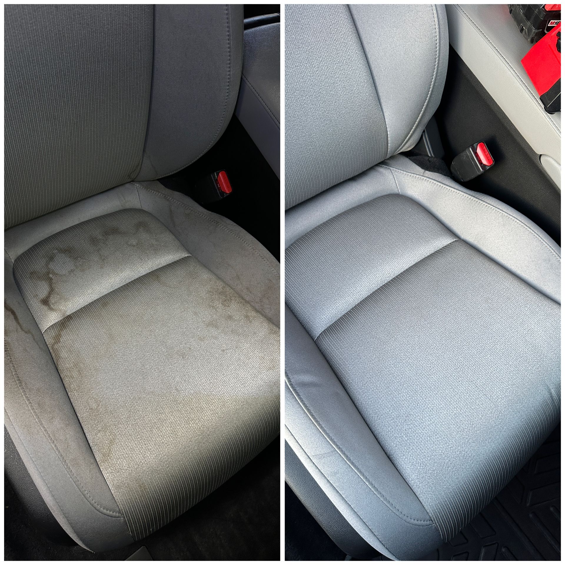 Before and after of a car seat cleaning. Gray fabric seat shows stain and then is clean.
