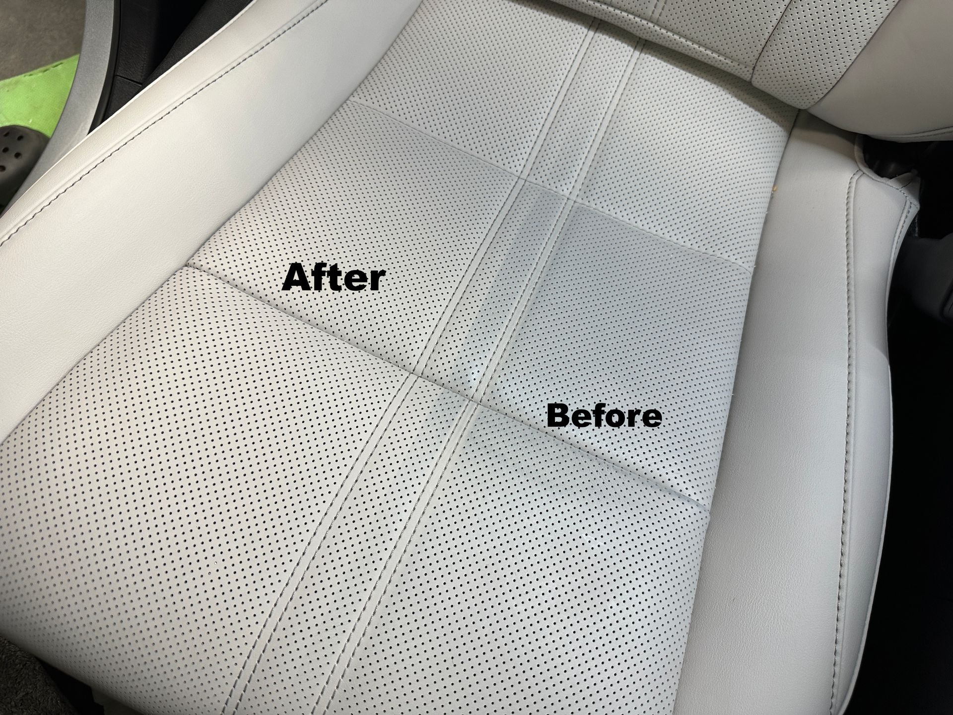 White leather car seat showing a cleaned area (After) compared to a stained area (Before).