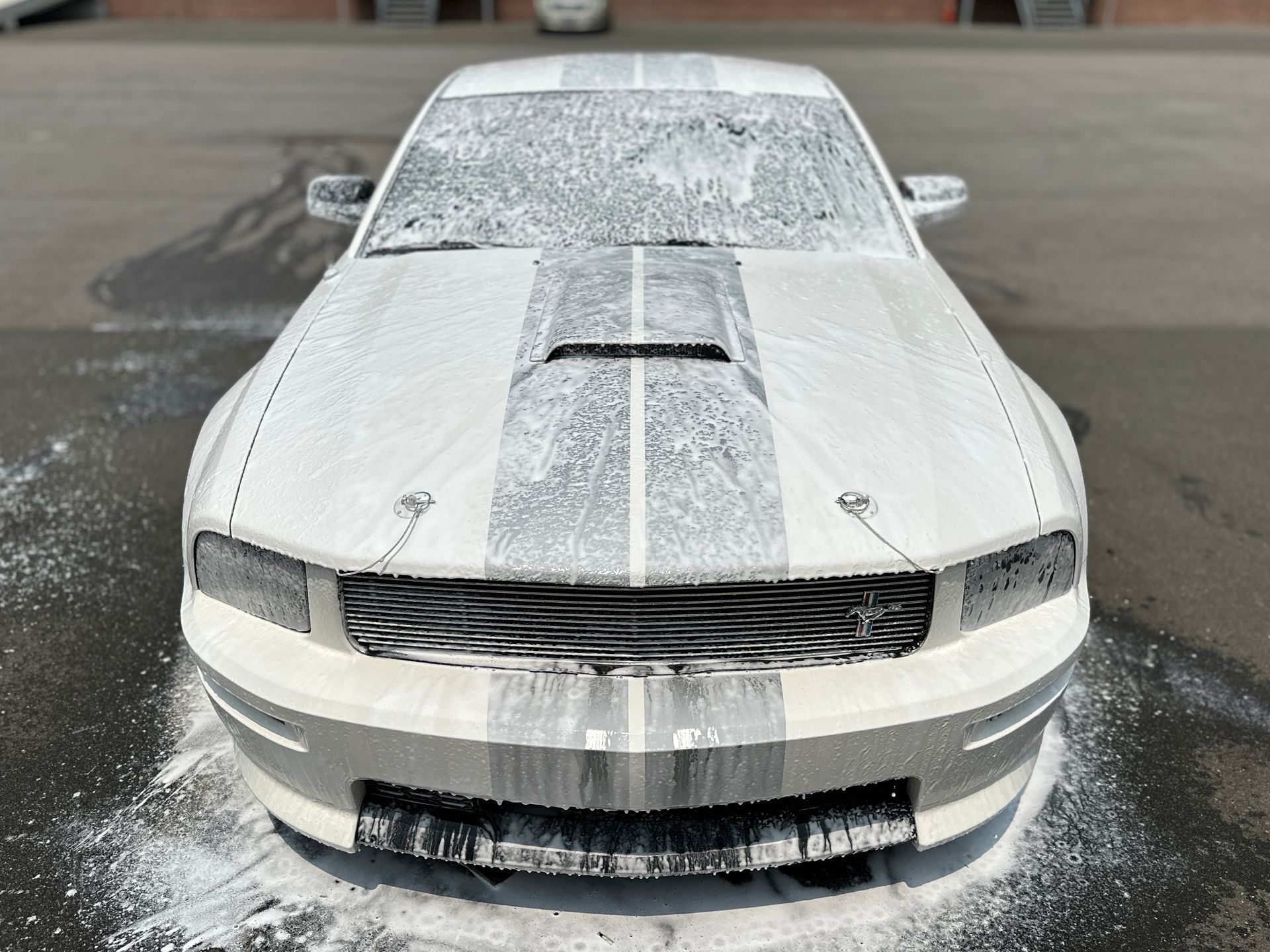 White Mustang covered in soapy foam, preparing for a car wash.
