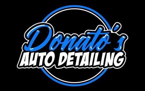 Donato's Auto Detailing logo with blue text, a black background, and a white and blue circle border.
