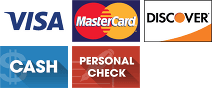 Payment options: Visa, Mastercard, Discover, Cash, and Personal Check.