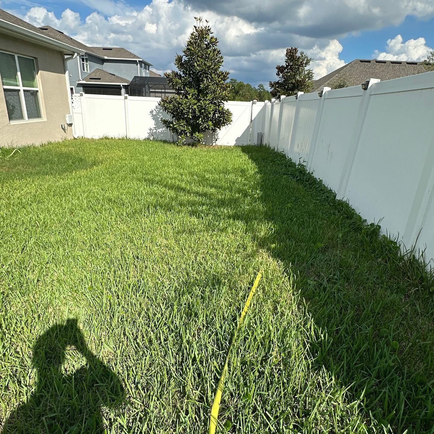 Backyard lawn beside white fence, with a measuring tape stretched across the grass.