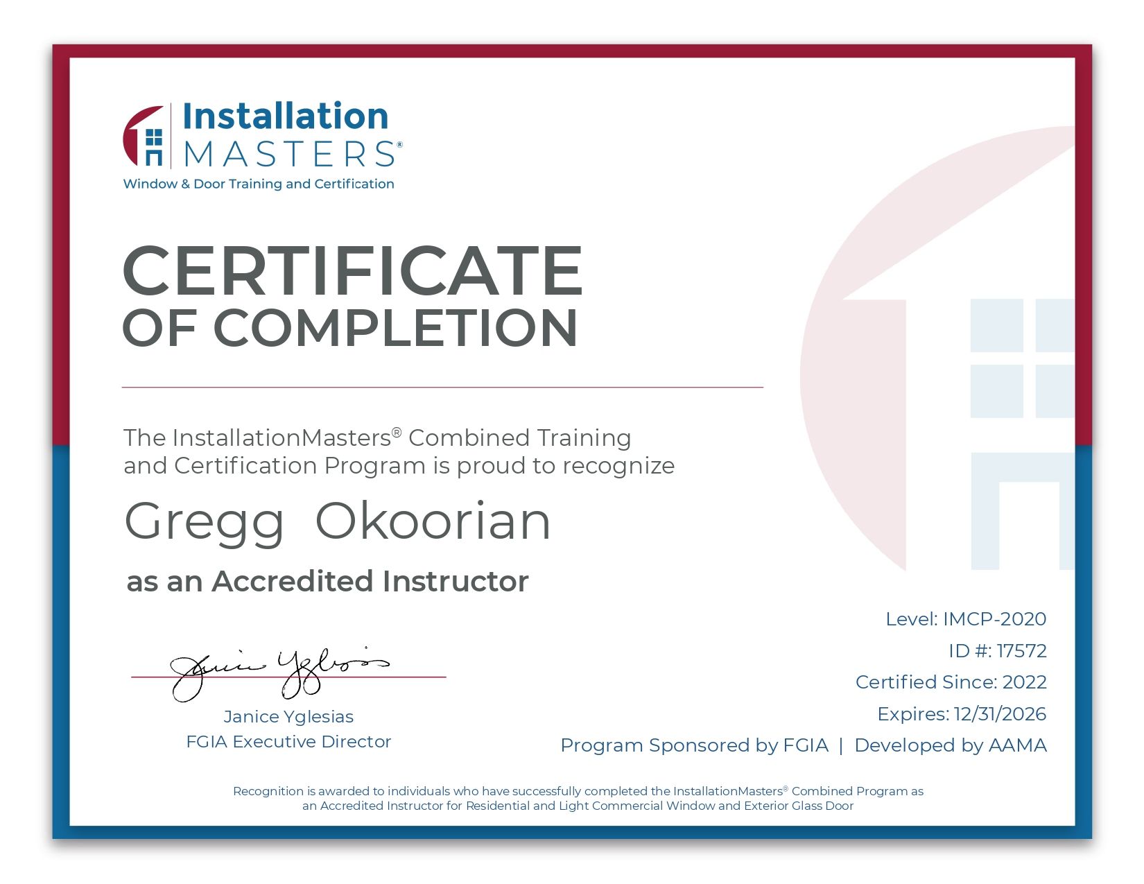 Certificate of Completion for Gregg Okoorian, recognizing him as an Accredited Instructor for the Installation Masters program.