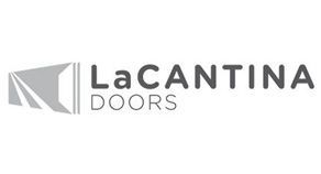 LaCantina Doors logo. Gray geometric shape with angled lines and text 