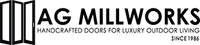 Logo for AG Millworks: Black and white logo featuring a door design and company name with tagline: 