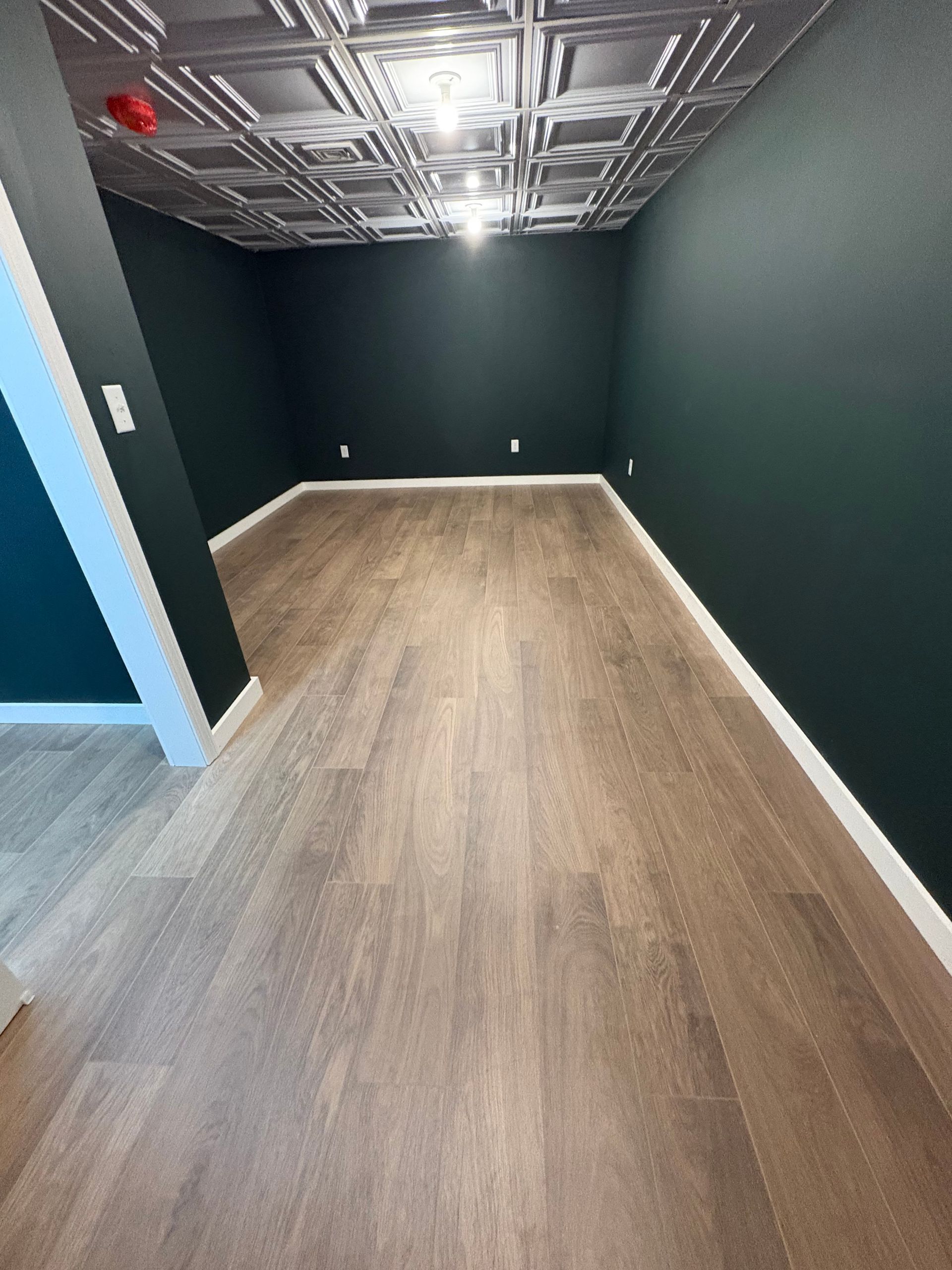 A room with dark green walls, wood-look flooring, and a patterned silver tin ceiling.