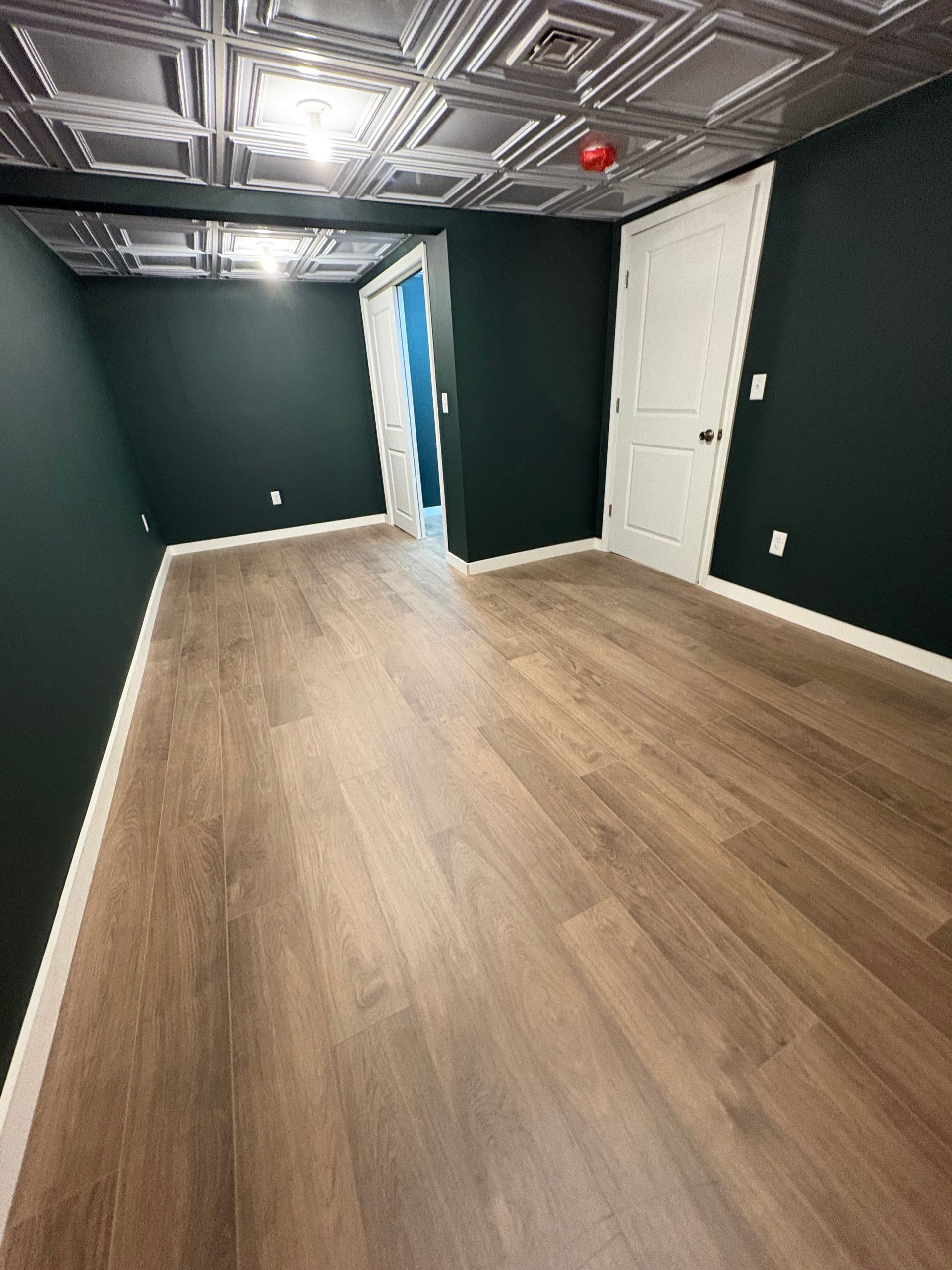 An empty room with dark green walls, light wood-look flooring, and a decorative silver metallic ceiling.