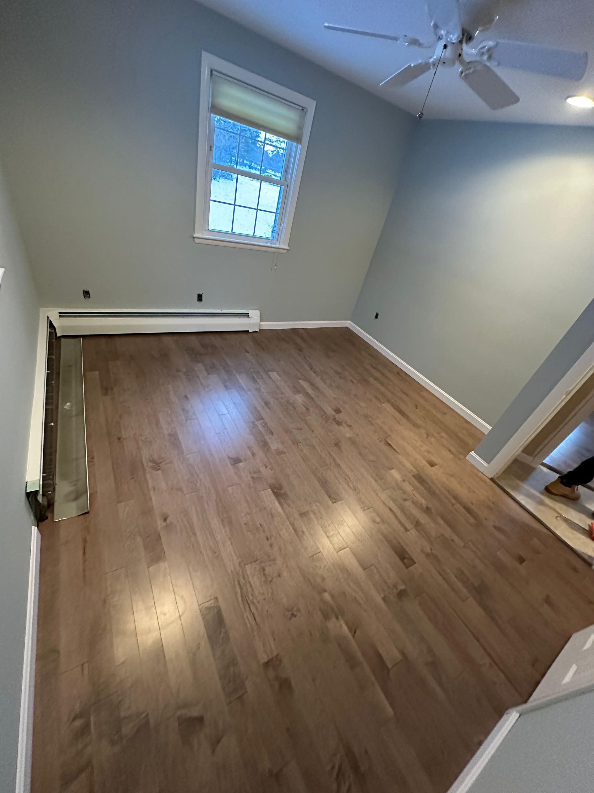 Room with hardwood floors, light blue walls, a window with a shade, and a ceiling fan.