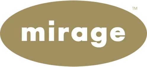Mirage logo in white text within an oval-shaped, muted gold background. 
