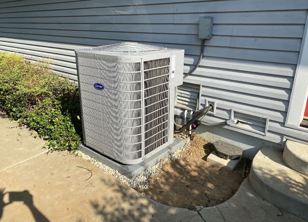A carrier air conditioner is sitting on the side of a house.