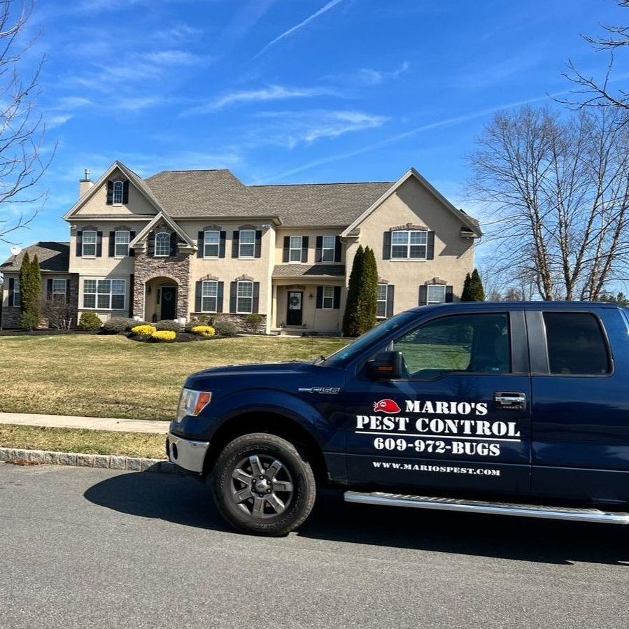A large residential building with a lot of windows and the Mario's Pest Control truck in front.
