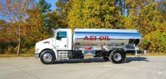 White fuel truck with a shiny tank, parked on concrete with trees in the background.