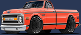 Red pickup truck with black wheels.