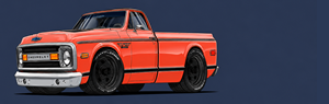 Red pickup truck with black wheels.