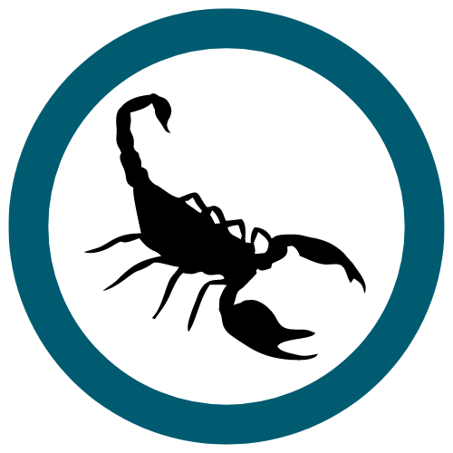 Black scorpion silhouette inside a teal-bordered white circle.