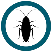 Cockroach silhouette in a blue circular warning sign.