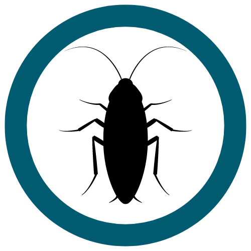 Cockroach silhouette in a blue circular warning sign.
