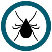 Black tick silhouette in a white circle with a teal blue border, a warning symbol.