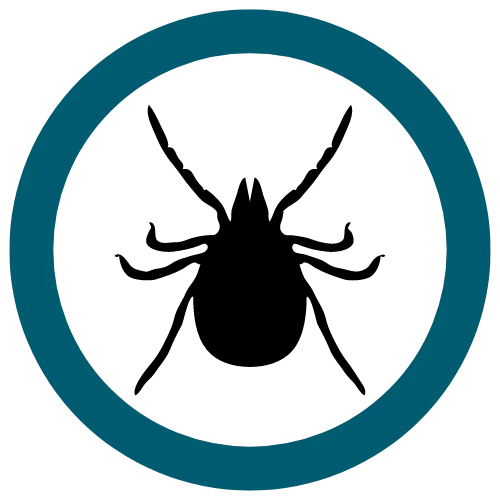 Black tick silhouette in a white circle with a teal blue border, a warning symbol.