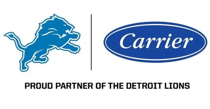 Detroit Lions logo and Carrier logo side-by-side with text 