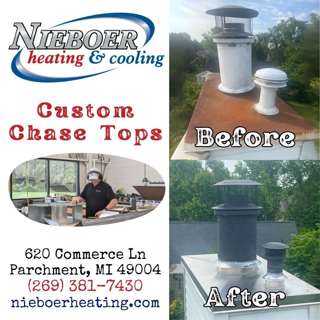 Neeber Heating & Cooling custom chase tops ad with before-and-after chimney photos and contact info