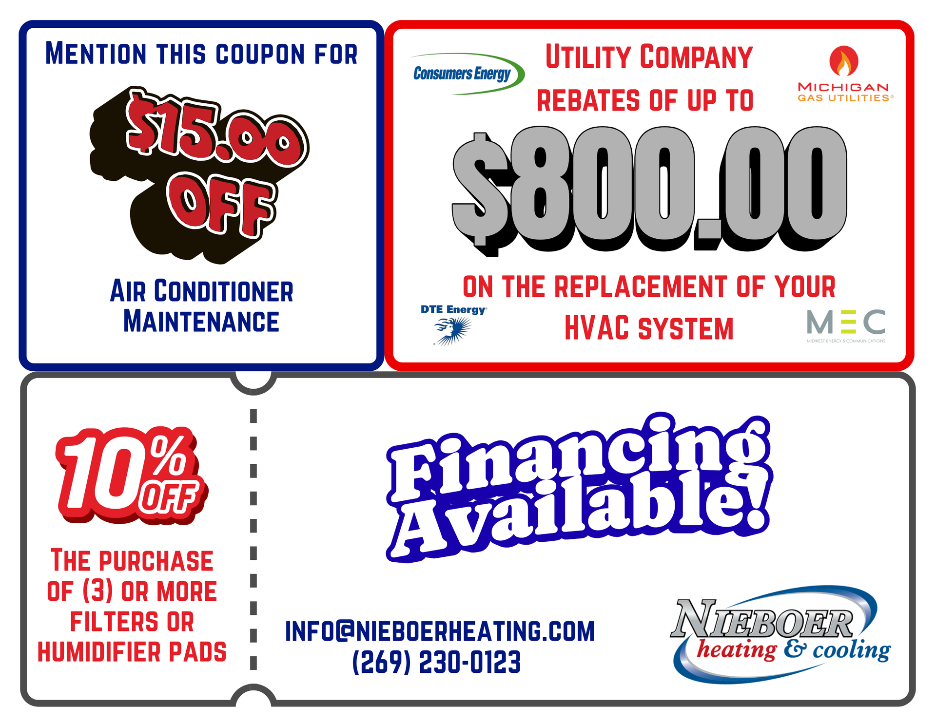 HVAC coupons: $15 off AC maintenance, up to $800 utility rebate, 10% off filters, financing available