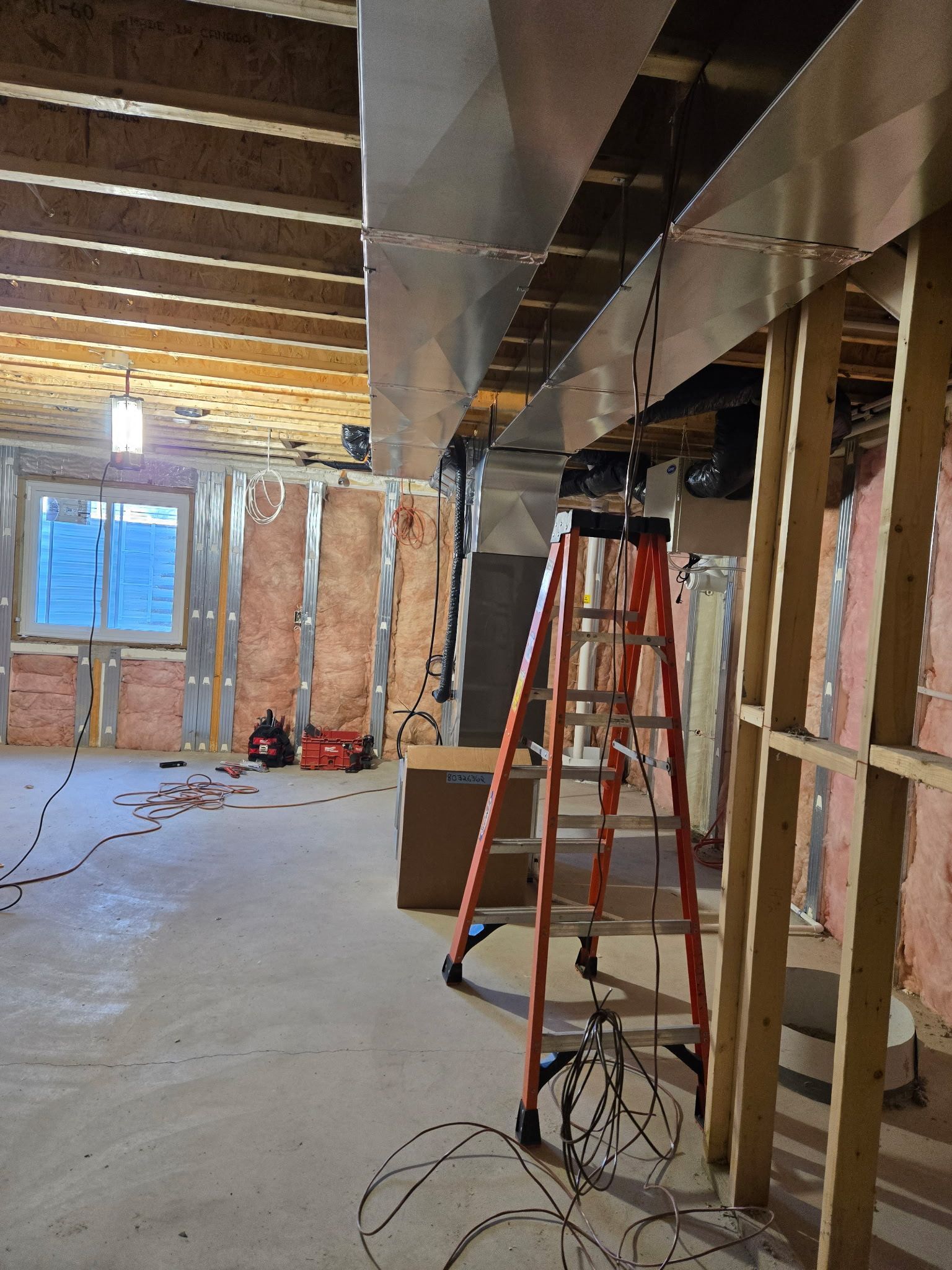 Basement under construction with exposed framing, a red ladder, and tools on a concrete floor.