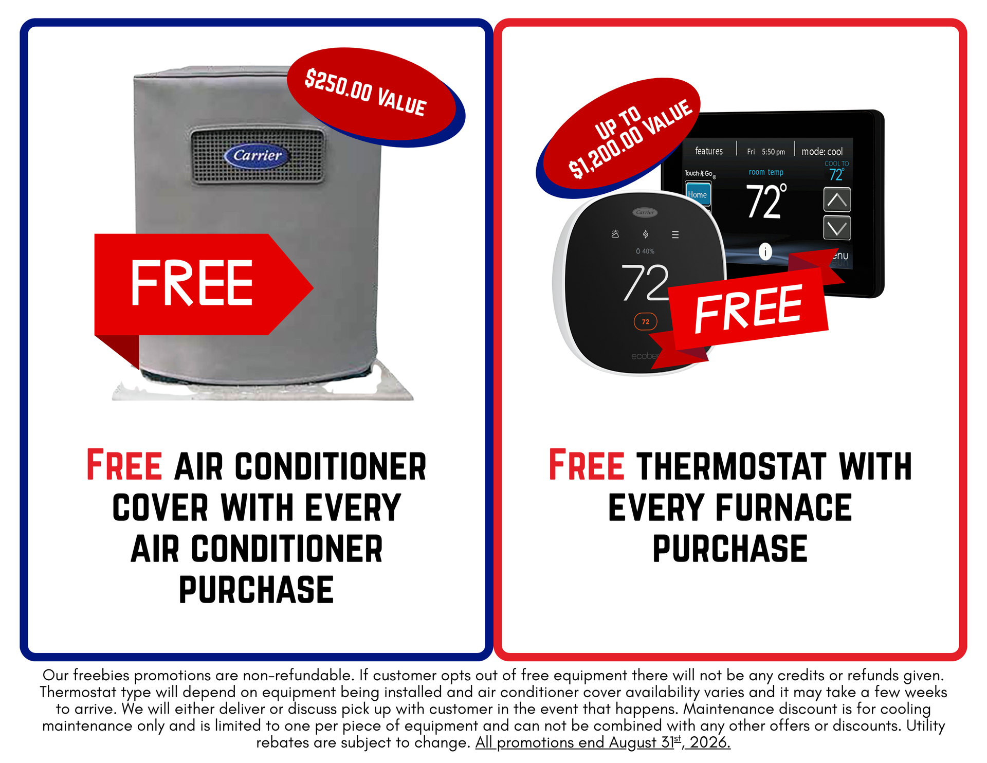 Free air conditioner and free thermostat with every furnace purchase, shown in red promotional boxes.
