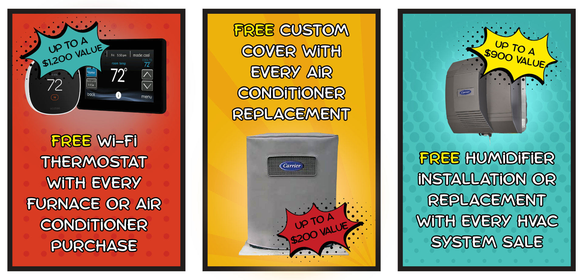 Ad: rebates up to $800, lower utility bills by upgrading HVAC. Woman with confused look, logos of energy companies.