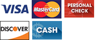 Visa, MasterCard, Personal check, Discover, Cash - Logos