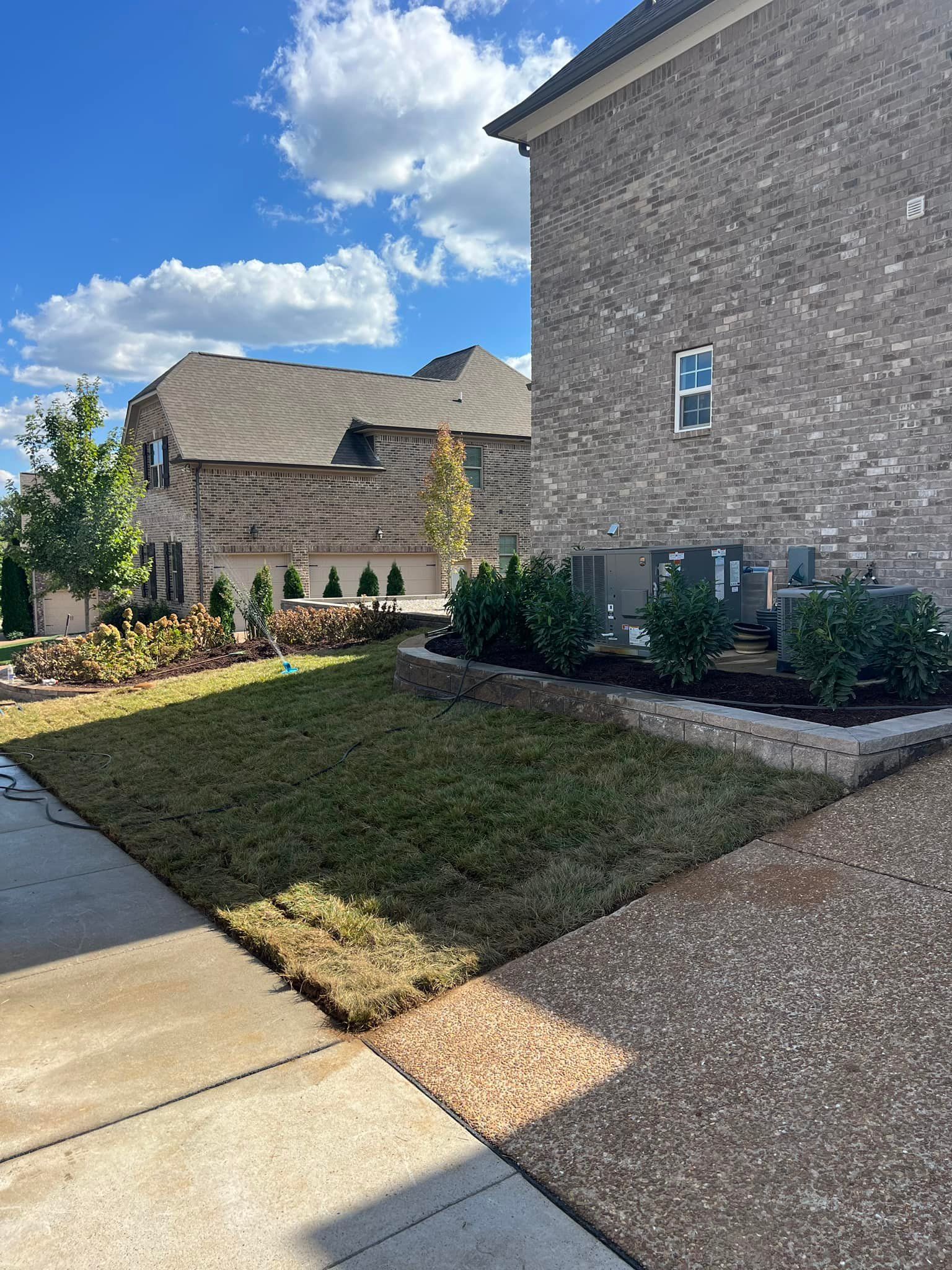 Newly sodded lawn in front of a brick house, next to a concrete sidewalk. A second house is visible in the background.