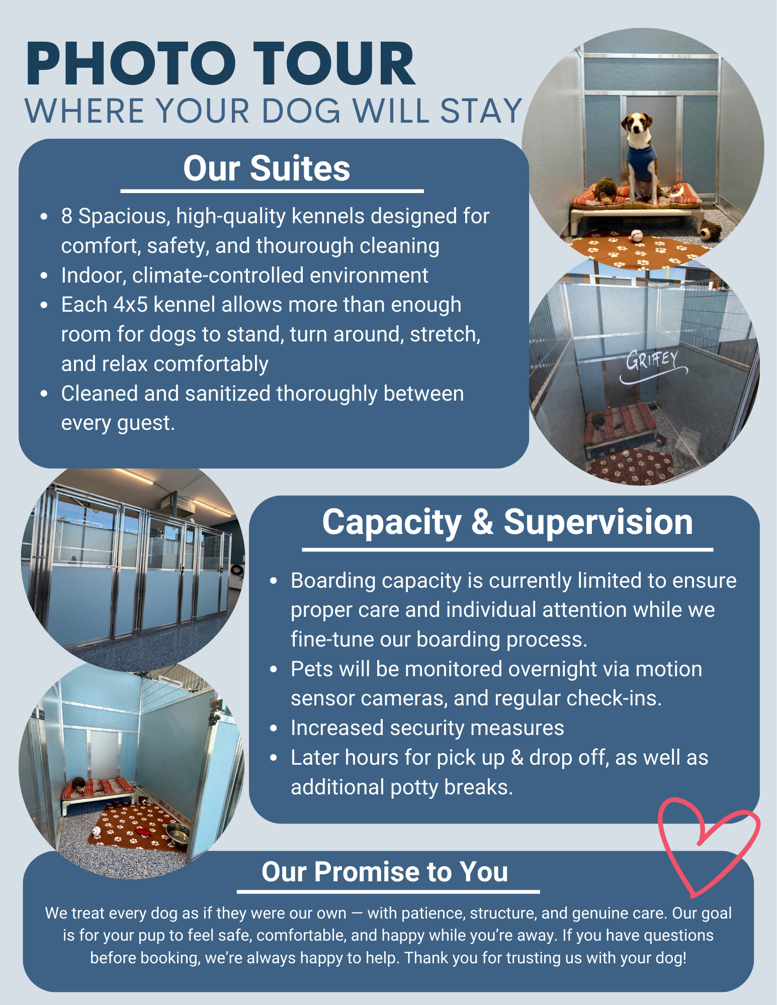 Photo tour ad showing dog boarding suites with capacity & supervision details and promise to pet owners.