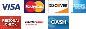 Visa | MasterCard | Discover | American Express | Personal Check | CarCare One | Cash