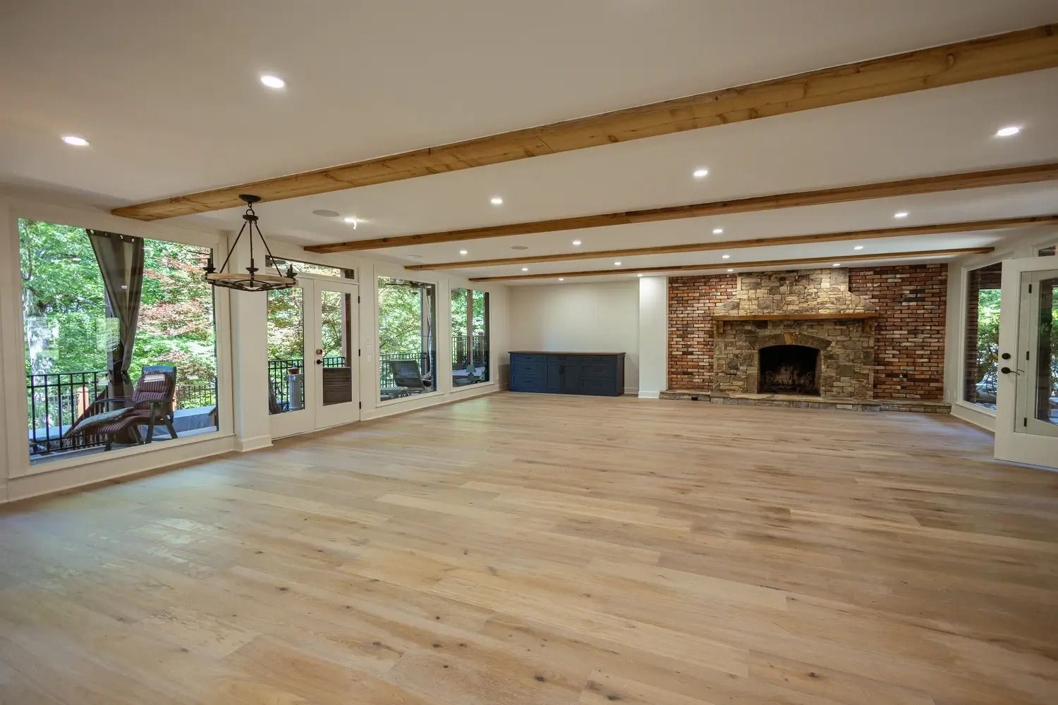 There is a fireplace in the middle of the room.