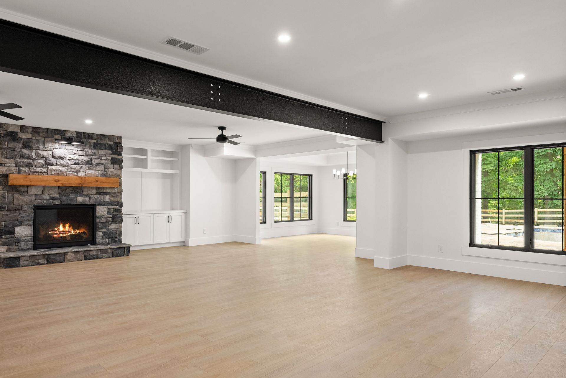 There is a fireplace in the middle of the room.